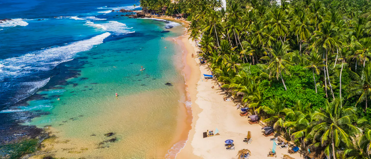 Weligama beach with golden sand, clear turquoise water, gentle waves, and lush palm trees.