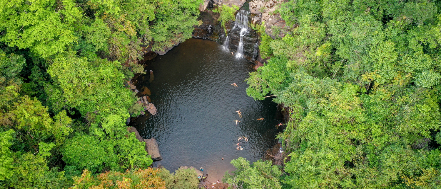 People swim in the refreshing pool at Khlong Chao Waterfall, nestled within a vibrant green jungle.