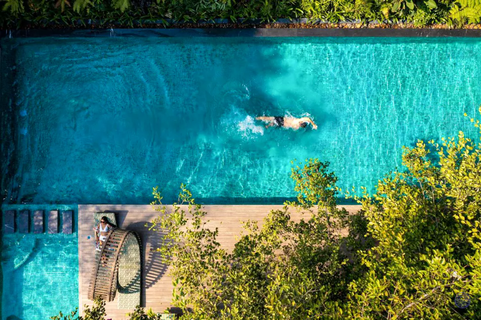 A person swims in a serene blue pool, another relaxes on a deck, surrounded by lush greenery.