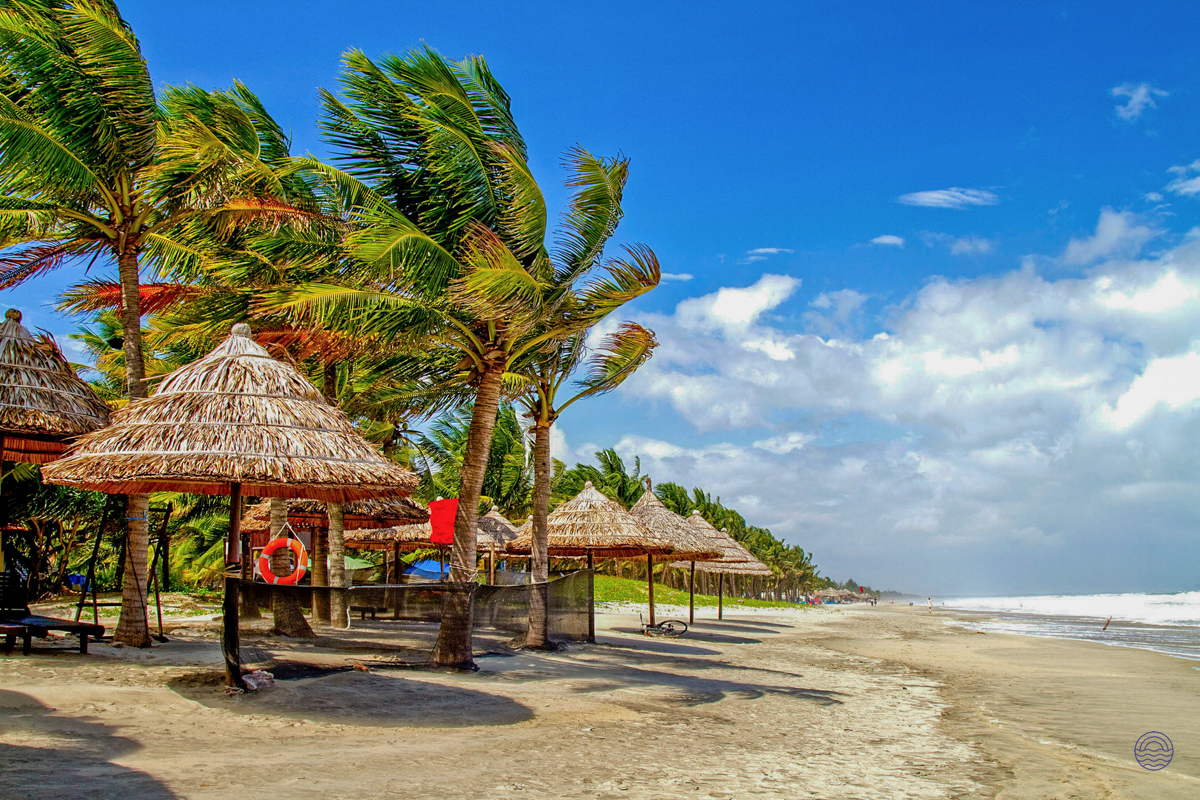 Breezy Thuan An Beach with swaying palm trees and straw umbrellas under a bright blue sky.