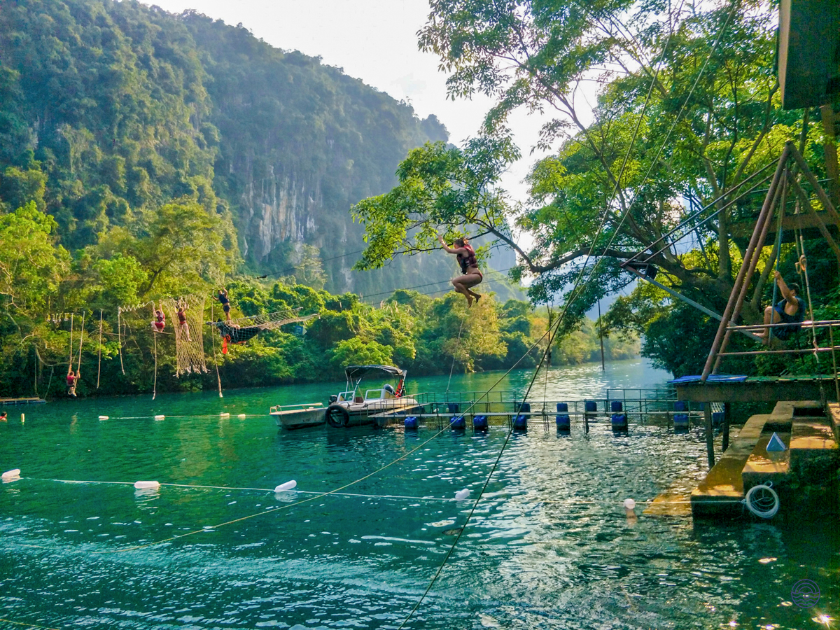 A person joyfully jumps from a tree swing into the vibrant green waters of Phong Nha.