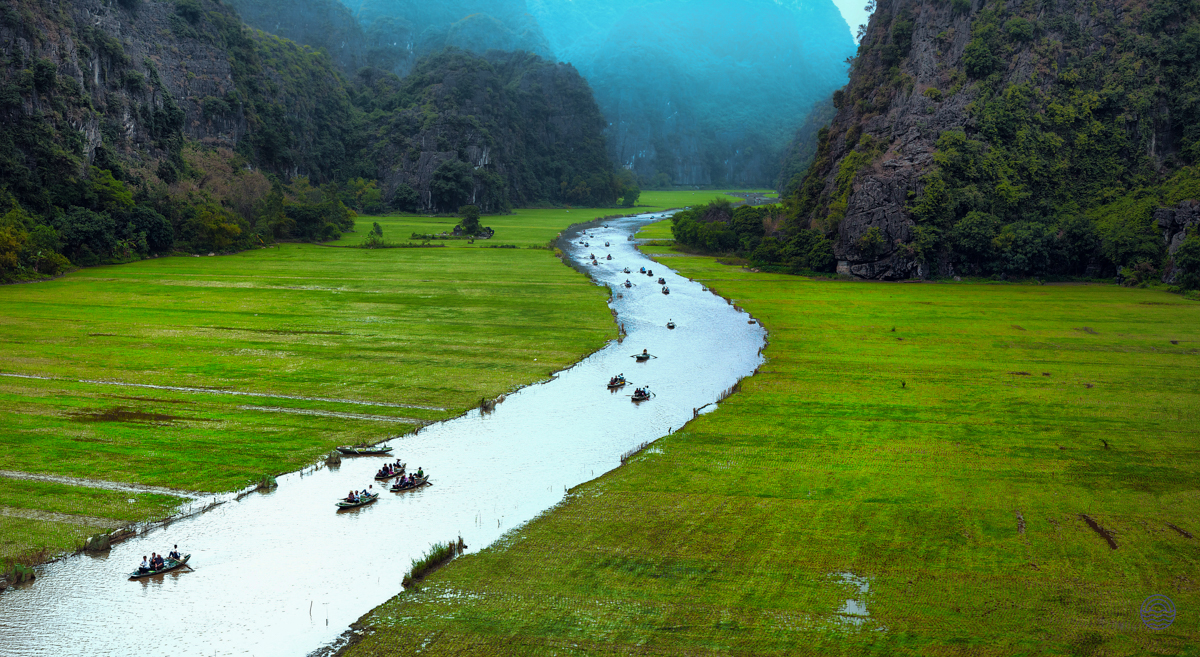 Boats glide along the winding river through lush green fields and towering mountains in Tam Coc, Vietnam.