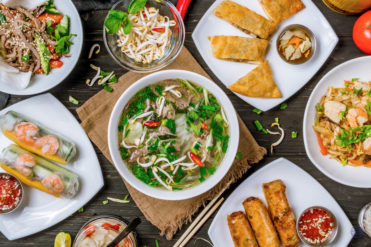 A vibrant spread of authentic Vietnamese cuisine, featuring pho, spring rolls, and salads, in Hanoi.