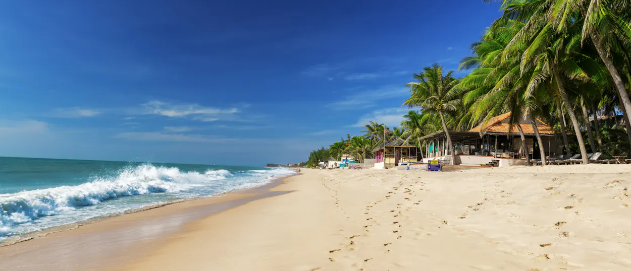 Golden sand and tranquil waves at An Bang Beach, Hoi An, lined with lush palm trees.